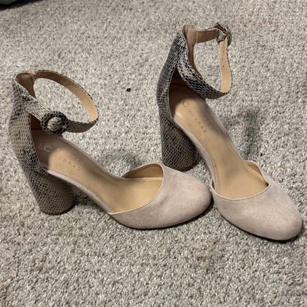 LC Lauren Conrad Two-Tone Nude and Snake Print Block Heel Pumps